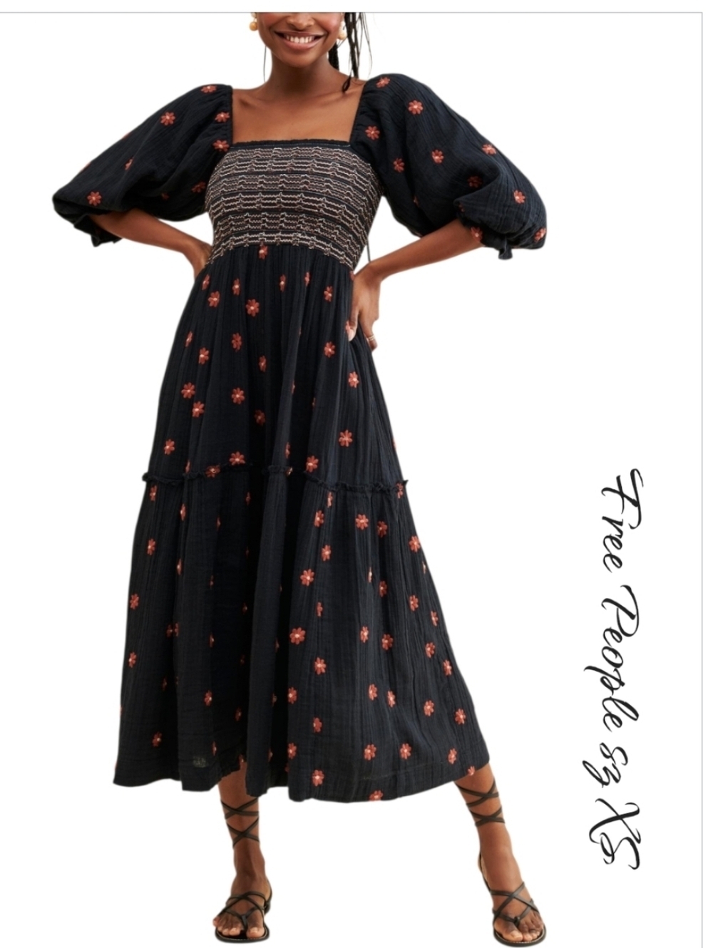 Free People Dahlia Embroidered Maxi Dress Black Floral Puff Sleeve XS NWT